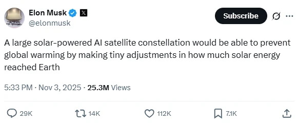 Musk has come up with another crazy proposal: using AI satellites to block out the sun to combat global warming?