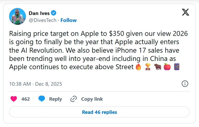 A prominent tech analyst is bullish on Apple, predicting it will truly enter the AI ​​revolution next year, with its stock price expected to rise another 26%.