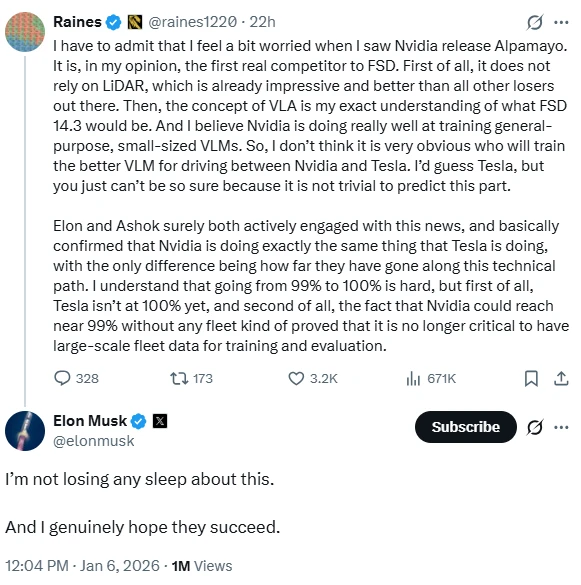 Did Nvidia's self-driving technology "scare" Tesla's stock price? Musk confidently stated: Not worried at all.