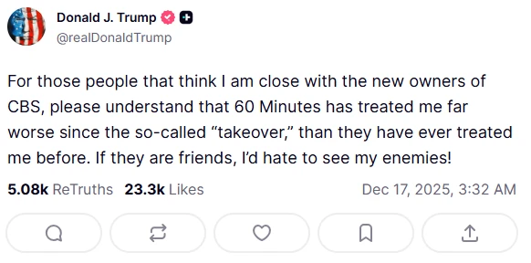 A new development has emerged in the Warner Bros. acquisition saga: Trump publicly complains that Paramount is not a friend!